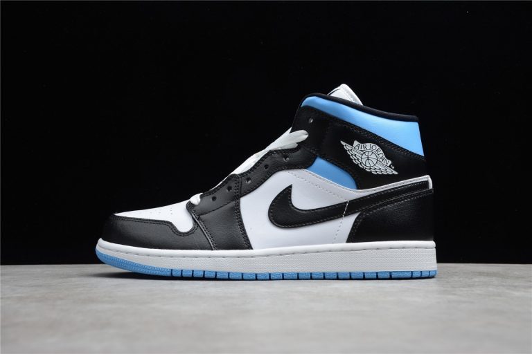 white university blue black jordans